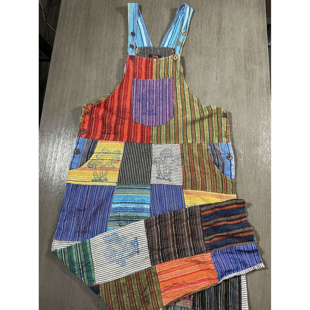 Rising International Patchwork Mushroom Overalls Cotton Boho Hippie Size S